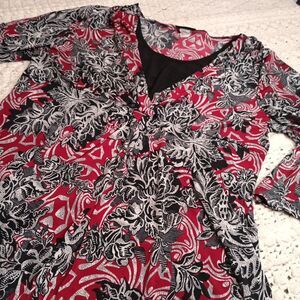 Perseption 1X Womens Black Red Goth Floral Stretch Liquid Knit 3/4 Sleeve Fairy
